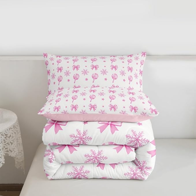 Feelyou Pink Christmas Bedding Set Soft for Boys Girls, Bow Candy Comforter Set Toddler Size Star Snowflake Duvet Quilt Microfiber Bedroom Decor 2 Pcs with 1 Pillow Cases