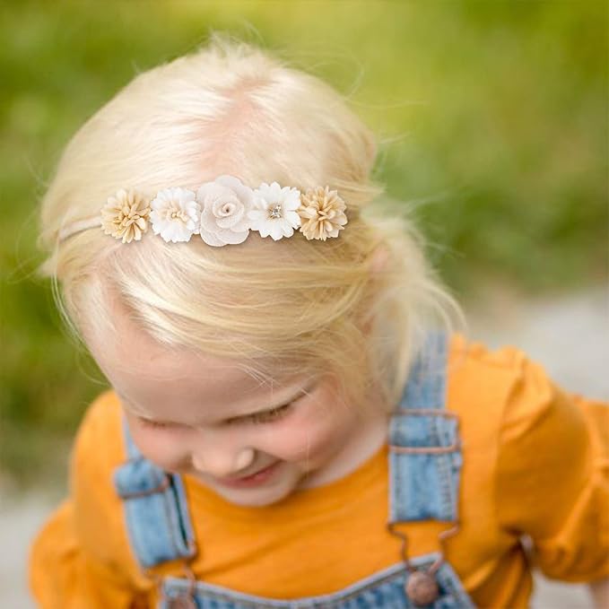 Baby Girl Nylon Headbands Flower Hair Bows Accessories-Elastic Hair Band Crown Handmade FLoral Wraps Birthday Gifts for Girls Newborn Infant Toddler 3Pcs