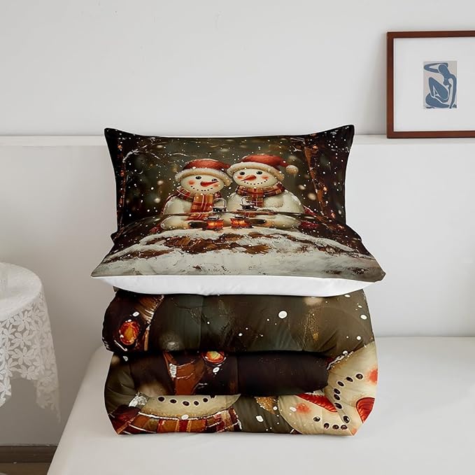 Manfei Kawaii Snowman Kids Comforter Set Full Size,Dead Tree Winter Snow Romantic Bedding Set,Boys Girls Room Decor,Merry Christmas Down Comforter,Black White Duvet Insert,2 Pillowcases