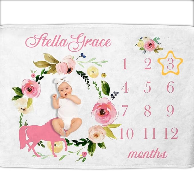 OLIVE OLIVIA Personalized Monthly Baby Milestone Blanket, Baby Months Blanket, Perfect Custom Newborn Gifts,30"x40"
