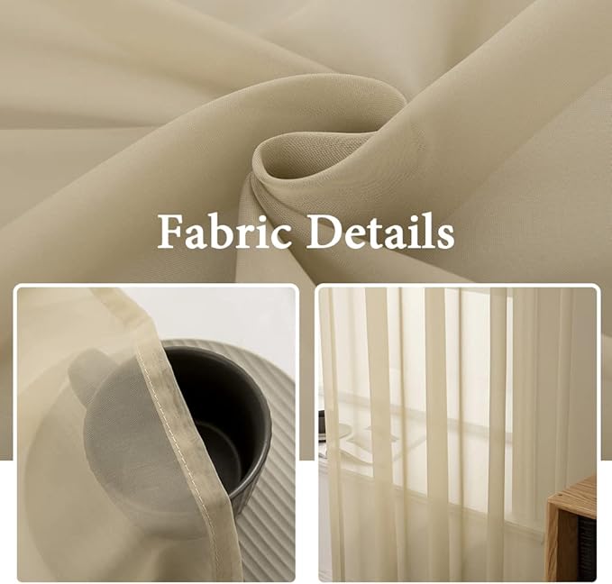 MIULEE Beige Window Sheer Curtains for Bedroom Living Room Solid Elegant Net Drapes 2 Panels Width 38 x Length 45 Inches