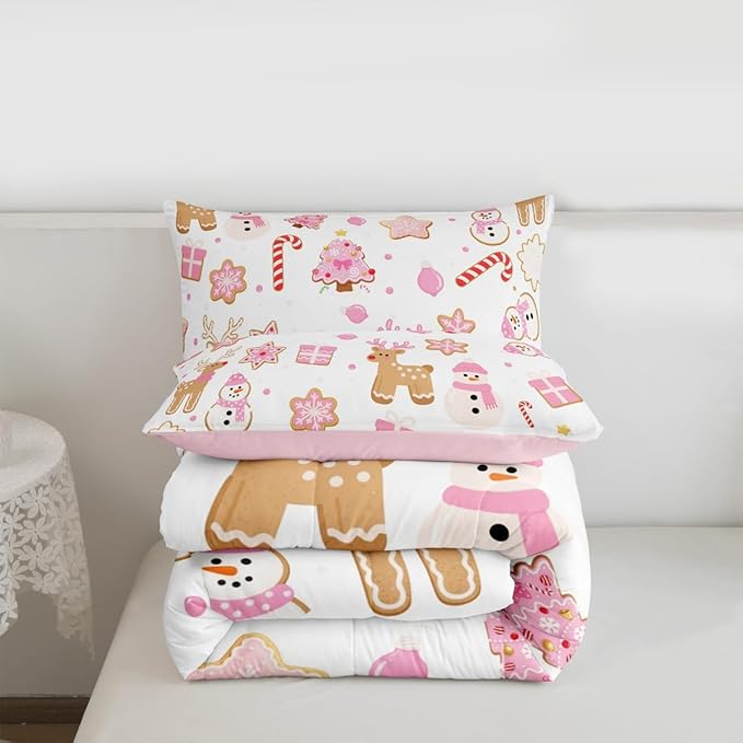 Feelyou Pink Christmas Comforter Set Queen Size Snowman Deer Bedding Set for Kids Boys Girls Snowflake Duvet Quilt Bedroom Decor Microfiber 3 Pcs with 2 Pillow Cases