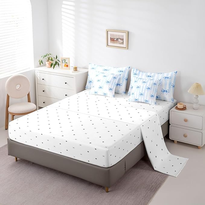 Manfei 7 Pieces Blue Bowknot Kids Girls Comforter Queen Size,Geometric Stripes Bow Tie Patch Dreamy Bedding Set,Butterfly Knot Princess Cute（Comforter+Fitted+Flat+2 Pillowcases+2 Throw Pillow Covers）