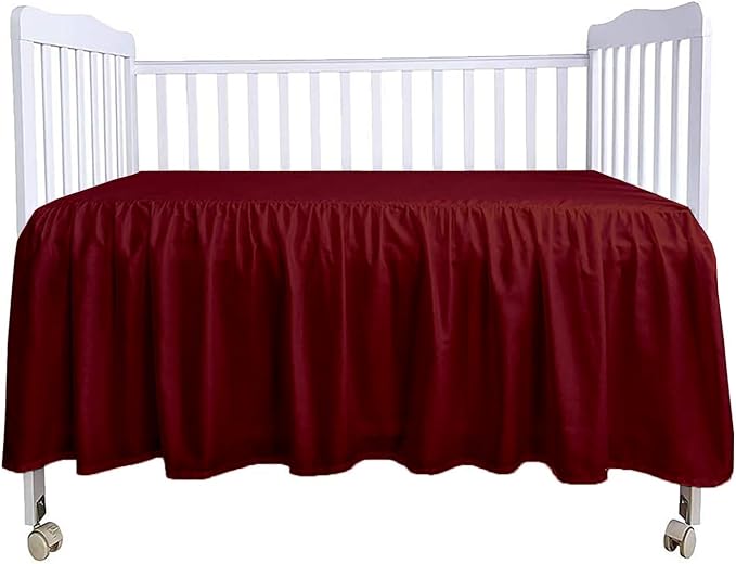Crib Bed Skirt 28” x 52” with 14” Drop – Split Corners Dust Ruffle, Microfiber - Breathable, Durable, Elastic Adjustable Fit, Soft Nursery Bedding for Baby Boys & Girls, Burgundy Solid