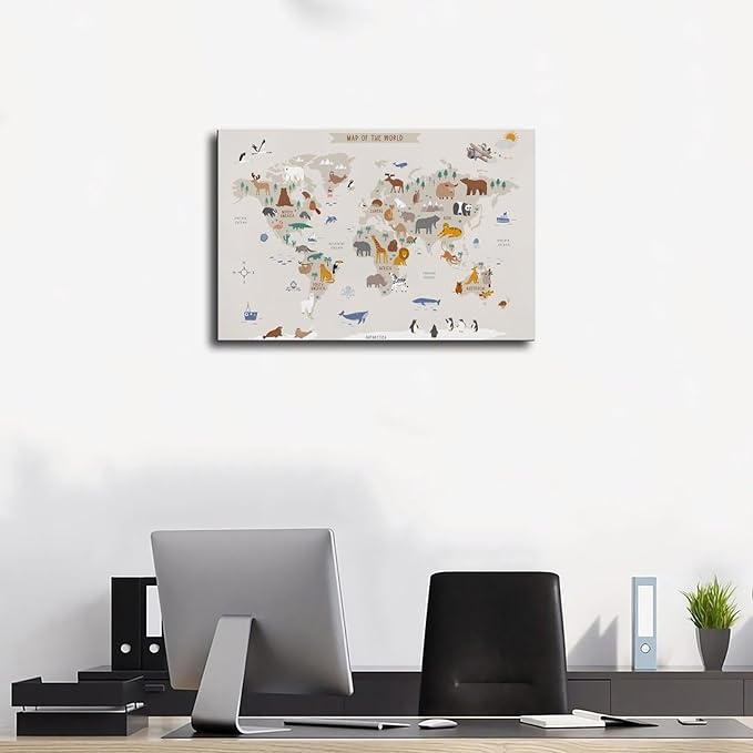 KIPNG Kids World Map - Playroom Animal World Map - Nursery Educational Poster Canvas Poster Wall Art Picture Paintings for Living Room Bedroom Decoration Unframe-style12x18inch(30x45cm)