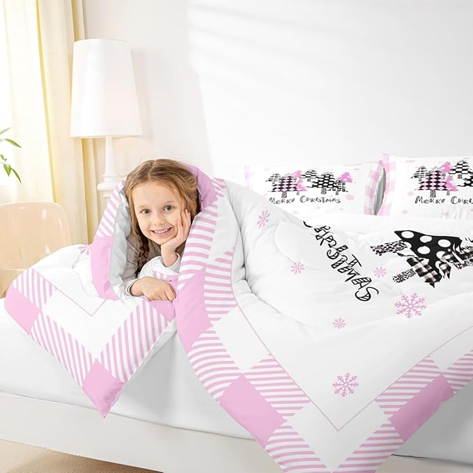 Manfei Xmas Trees Comforter Set Full Size, Pink Plaid Grid Snowflake Down Comforter with 2 Pillowcases, Christmas Theme Bedding Set 3pcs for Kids Girls Adults Room Decor New Year Duvet Insert