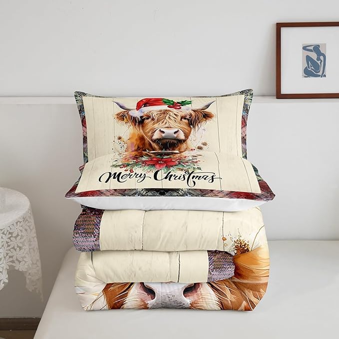 Castle Fairy Christmas Highland Cattle Comforter Set Toddler Size,Red Xmas Flowers Pine Trees Bedding Set for Kids Boys,Rustic Farm Western Animal Wooden Red Green Plaid Quilted Set with 1 Pillowcase