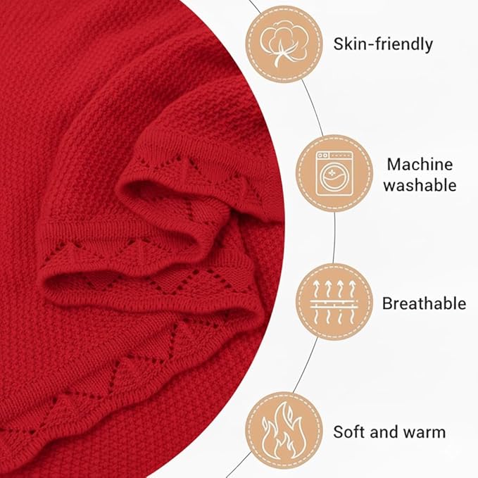 Baby Knit Blanket Soft Breathable Cotton Scallop Border Blankets Newborn Knitted Blanket Swaddle Blankets Gifts for Baby Newborn Toddler Shower Boy Girl New Mom Birthday Christmas Red 28x36