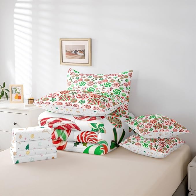 Christmas Candy Comforter Set With Sheets 7 Piece Queen Size Cute Bow Bed in a Bag Kids Boys Girls Red and Green Sweet Bedding Set Reversible Xmas Decor Bedroom Decor Breathable Soft Lightweight