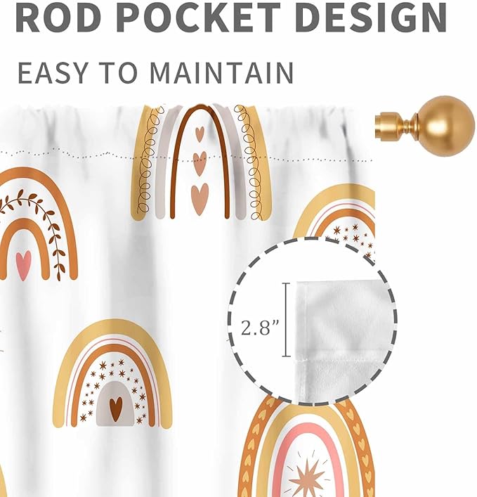 Boho Rainbow Curtains, Kids Girls Baby Cute LovelyRetro Vintage Rainbow Pastel Aesthetic Bohemian Window Curtains for Classroom Bedroom Living Room Nursery Playroom Drapery 2 Panels Set, 63"x63" Inch