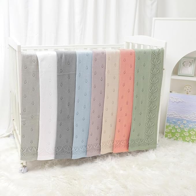 LAWKUL Blanket Baby Cellular 100% Cotton Knitted Soft Knit Crochet Blankets for Newborn Boy Girls Toddler Pink 100x80cm