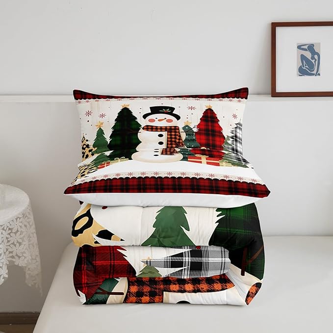 Manfei Snowman Comforter Set Twin Size, Xmas Leopard Plaid Trees Snowflake Down Comforter with 1 Pillowcase, Christmas Theme Bedding Set 2pcs for Kids Girl Bedroom Decor New Year Duvet Insert