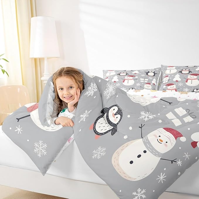 Feelyou Christmas Comforter Set Full Size Snowman Snowflake Bedding Set for Kids Boys Girls Penguin Duvet Quilt New Year Gift Bedroom Decor Microfiber 3 Pcs with 2 Pillow Cases