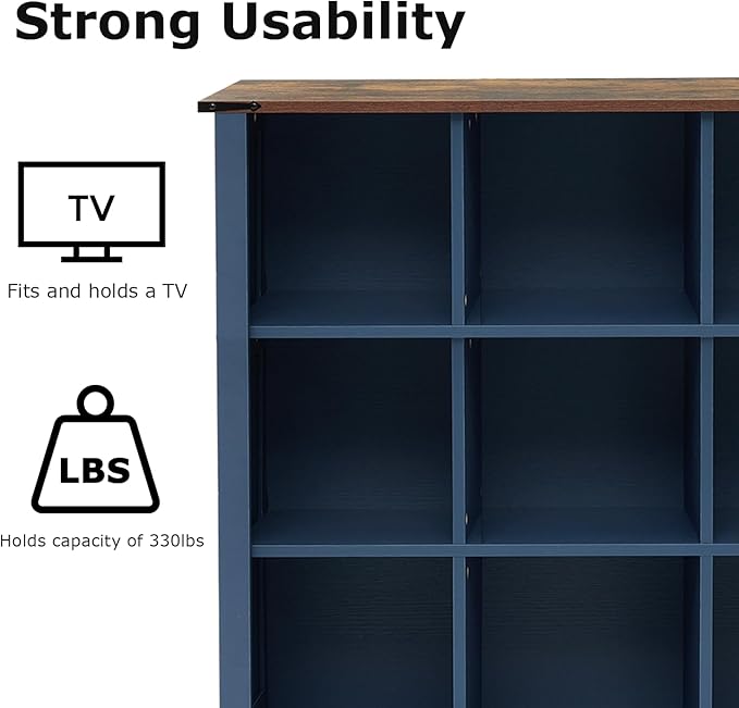 9 Cube Storage Organizer, Wood Cube Bookshelf with LED Lights, Horizontal Storage Cubes, Kids Bookshelf, Display Cabinet Cubby Shelf for Living Room Home Office Bedroom，Navy Blue