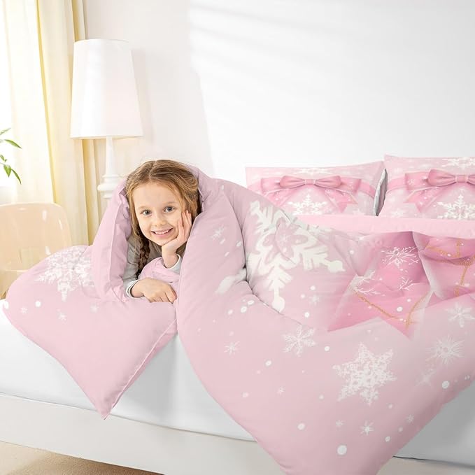 Feelyou Pink Bow Comforter Set All Season Coquette Bow Knot Bedding Set with 2 Pillow Cases Xmas Snowflake Kids King Bedclothes Cute Dreamy Princess Style Decor Christmas Duvet Quilt Soft Lightweight