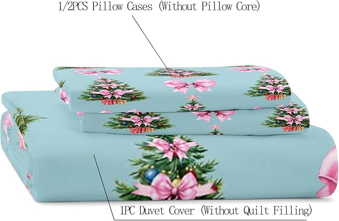 LUVIVIHOME 3PCS Pink Bow Christmas Tree Duvet Cover Queen Bedding Set, Teen Girl Bedding, Blue Duvet Cover, Winter Holiday Kids Christmas Comforter Cover, Coquette Room Decor Aesthetic, 2 Pillow Cases