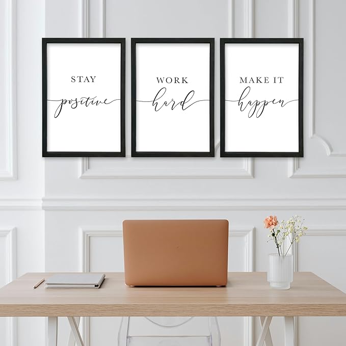 YWJKWLGS Inspirational Office Wall Art Set 16x24 Inch 3 piece Motivational Quotes Wall Decor Stay Positive Work Hard Make It Happen Signs for Home & Office Wood Framed Hanging (Black)