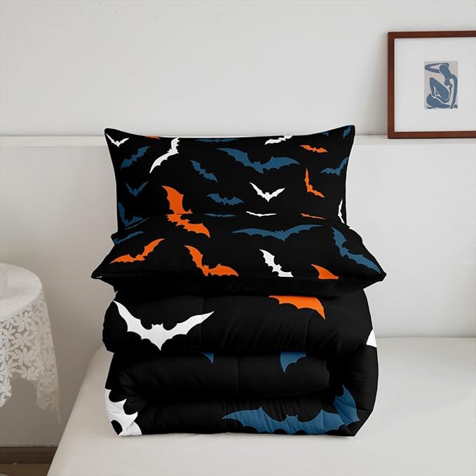 Erosebridal Bat Bedding Set for Kids Adults Boys Girls Happy Halloween Comforter Set King Size Gothic Spooky Quilt Orange Bats Duvet Insert with 2 Pillow Cases