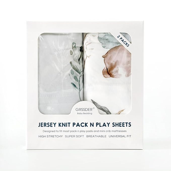 Stretchy Ultra Soft Jersey Knit Fitted Pack and Play Sheets Set 2 Pack, Portable/Mini Crib Sheets Safe and Snug Fitted for Boys and Girls, Cute Bear and Wolf Pattern