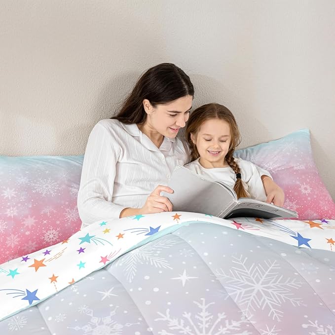 Feelyou Christmas Comforter Set Twin Size Winter Snowflake Bedding Set for Kids Boys Girls Blue Pink Gradient Duvet Quilt Bedroom Decor Microfiber 2 Pcs with 1 Pillow Cases
