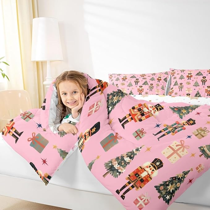 jejeloiu Xmas Nutcracker Comforter Set Full Size Christmas Pink Bedding Set for Kids Boys Girls Cute Snowflakes Duvet Quilt Bedroom Decor
