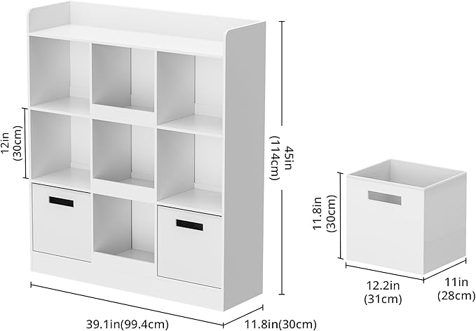 Kids Bookshelf with 9 Cube, Toy Storage Organizer with 2 Fabric Drawers, 3-Tier Freestanding Wooden Open Shelf Bookshelf, Modern Kids Display Bookcase for Bedroom, Living Room, Office, White