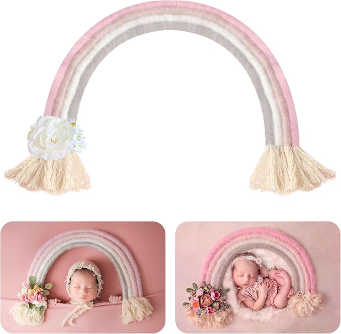 Newborn Photography Props Macrame Rainbow Decor Handmade Rainbows Newborn Photo Prop Rainbow Baby Photoshoot Props Bedroom Wall Decor Playroom Nursery Photo Props Accessories (Pink)