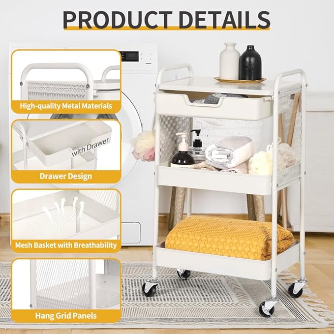 3-Tier Rolling Cart with Drawer, Metal Utility Storage Cart Organizer with Lockable Wheels&Hanging Cups&Hooks, Mobile Storage Craft Carts Trolley with Mesh Shelves for Kitchen, Office-White