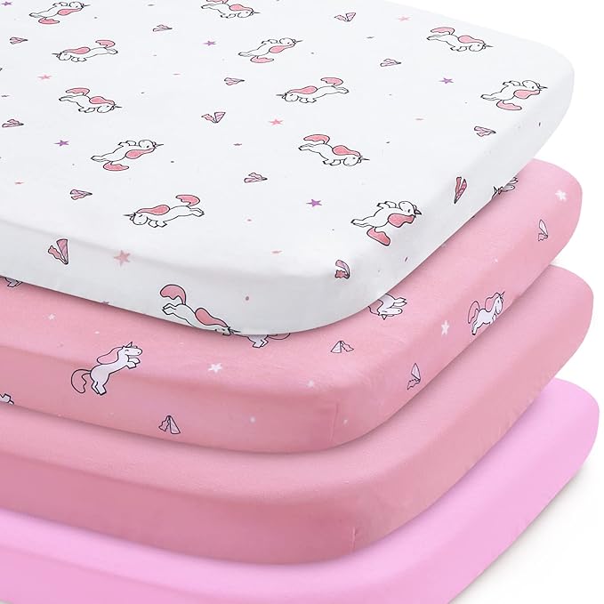 Mini Crib Sheets Set for Girls, 4 Pack, Mini Portable Crib Sheets for Girs (38" X 24") | Multiuse for Pack n Play, Playard, Playpen, Mini Crib, Pink Print