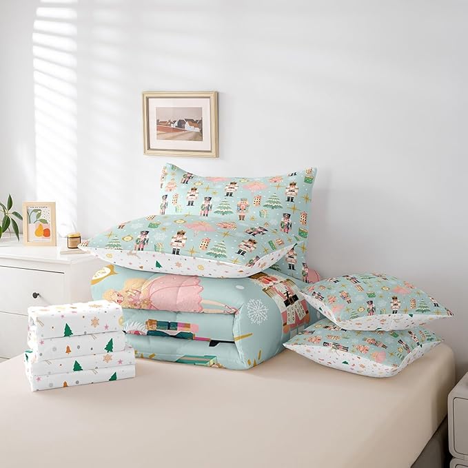Erosebridal 7Pcs Green Christmas Comforter Set King,Xmas Tree Nutcracker Bedding Set,Pink Princess Bed in A Bag for Girls Women,Winter Xmas Holiday Christmas Ornaments Quilt with Flat Fitted Sheet