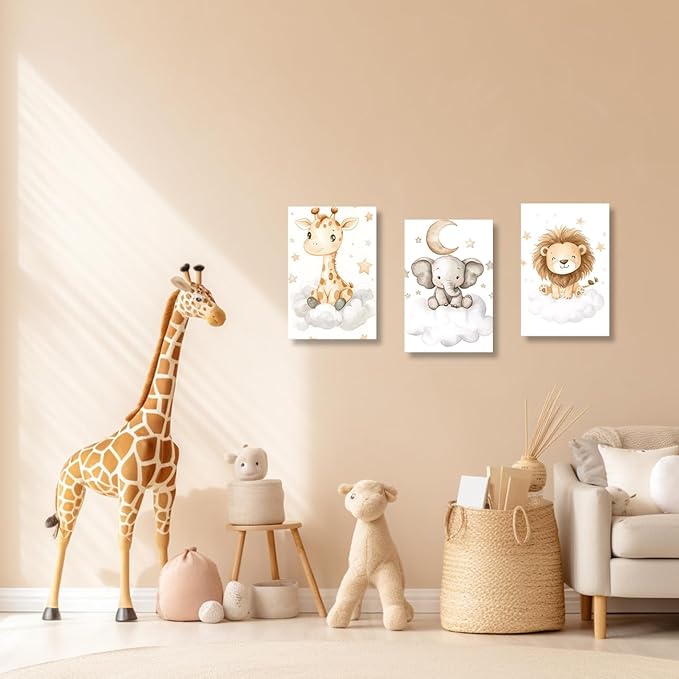 DOARTDO Nursery Animal Canvas Wall Art Baby Animal Pictures 3 Pieces Cute Elephant Lion Giraffe Print Painting Kids Room Nursery Decor Frame (16x24inchx3Pcs)