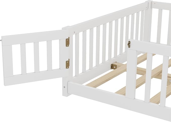Bellemave Full Size Floor Bed with Rails for Kids, Girls, Boys, Pine,Plywood Floor Bed with slats and Door, White