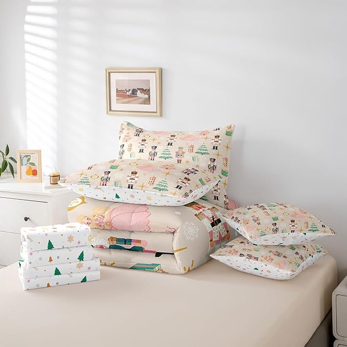Erosebridal 7Pcs Beige Christmas Comforter Set Twin Size,Princess Nutcracker Bedding Set,Xmas Tree Snow Bed in A Bag for Kids Boys Girls,Starry Sky Christmas Decoration Quilt with Flat Fitted Sheet