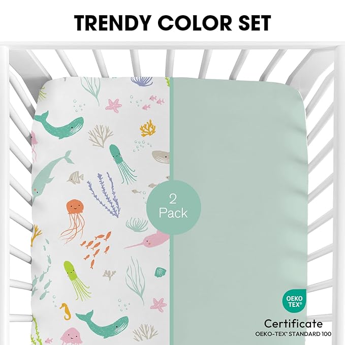 Little Grape Land Crib Sheets for Boys and Girls, 2-Pack Soft Microfiber Fitted Baby Sheets for Standard Crib and Toddler Mattress – Breathable & Secure (Ocean & Green)