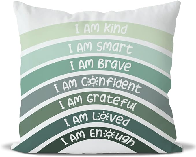 QIYUHOY Boho Sage Eucalyptus Green Rainbow Classroom Throw Pillow Covers, Olive Green Pillow Cover, Book Center Calming Corner Playroom Decor Pillow Case,I Am Kind Smart Brave Confidence,24x24Inch