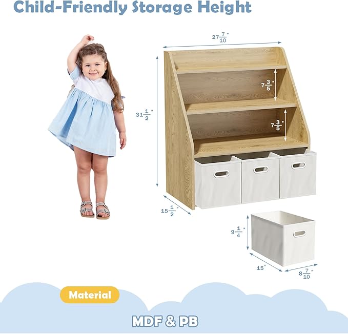 Kids Bookshelf and Toy Organizer, Wooden Kids Bookcase, Toddler Montessori Bookshelf with 3 Movable Drawers, Toy Storage Organizer for Child's Room, Living Room, Nursery
