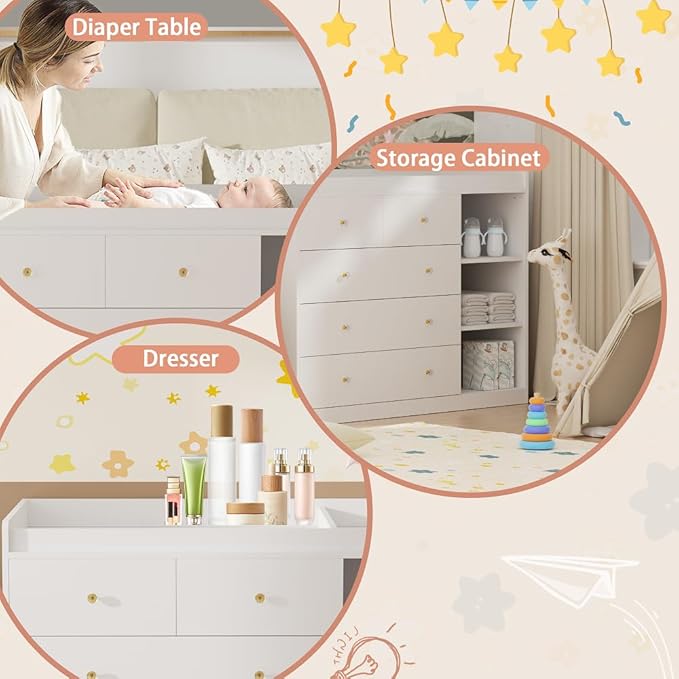 Baby Changing Table Dresser Diaper Change Table with 5 Drawers Storage Changing Station Dresser for Infant Mobile Nursery Organizer for Newborn,White