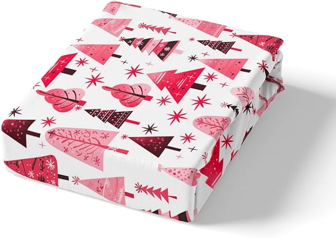 Manfei Pink Xmas Trees Duvet Cover Set Full Size, Christmas Theme Bedding Set 3pcs for Kids Boys Girls Adults, Happy New Year Comforter Cover Soft Polyester Quilt Cover with 2 Pillowcases,No Comforter