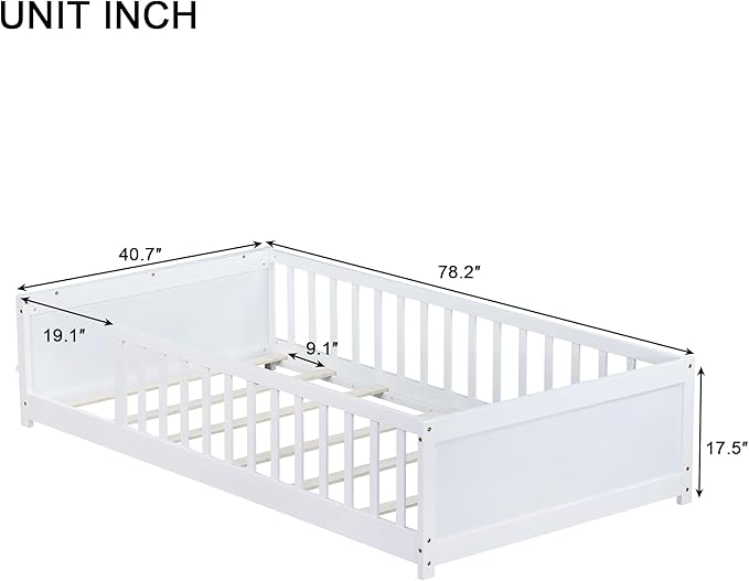 Twin Size Kids Montessori Floor Bed,Twin Floor Bed Frame with Slats and Bookcase,Solid Wood Montessori Bed for Girls Boys,White