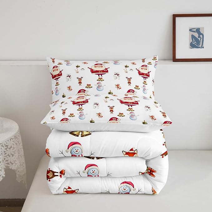 Feelyou Christmas Comforter Set Cute Snowman Santa Claus Kids Decorations Bedding Set Boys Girls Bear Rabbit Comforter Christmas Bells Design White Quilt with 2 Pillowcases 3Pcs Bedding King