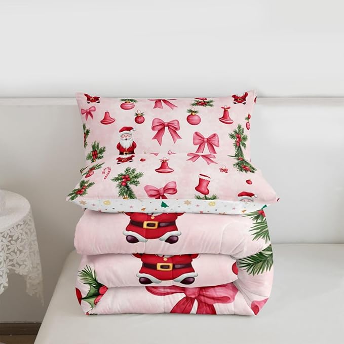Feelyou Santa Claus Bedding Set Soft for Boys Girls, Pink Bow Comforter Set Twin Size Christmas Ornament Duvet Quilt Microfiber Candy Cane Bedroom Decor Holly Berry 2 Pcs with 1 Pillow Cases