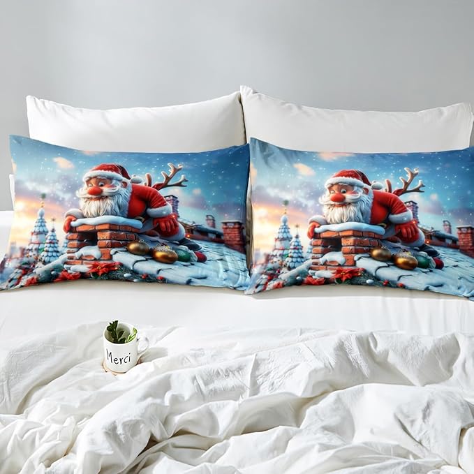 Cute Santa Claus Duvet Cover Set King Size,Winter Snow Cabin Rustic Farmhouse Bedding Set,Boys Girls Room Decor,Xmas Tree Merry Christmas Comforter Cover,White Quilt Cover,2 Pillowcases,No Comforter