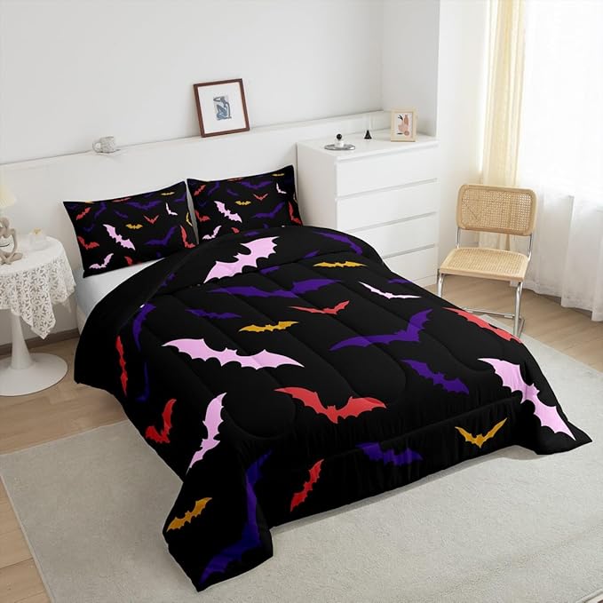 Erosebridal Bat Bedding Set Queen Size for Kids Children Happy Halloween Comforter Set Flying Bat Quilt Gothic Spooky Down Comforter with 2 Pillow Cases,Purple and Pink