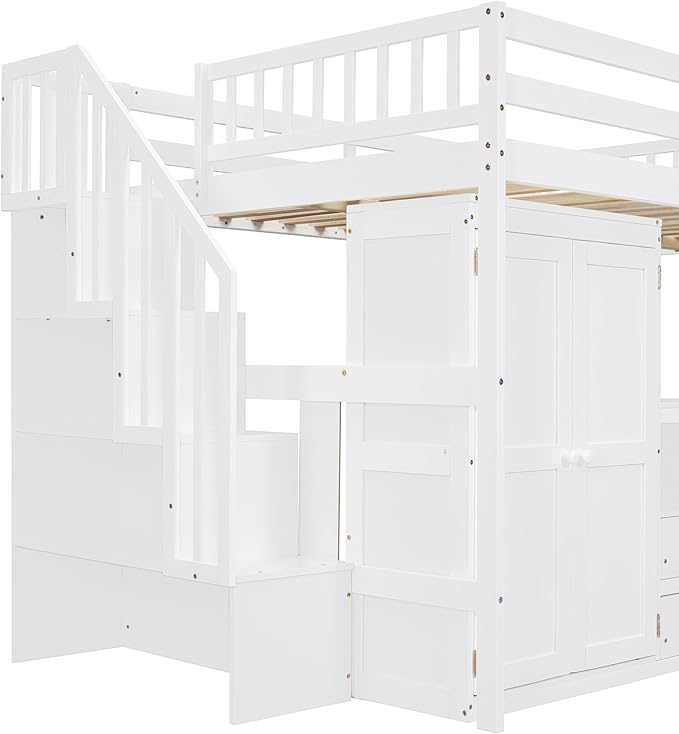 Merax Kids Full Multifunction Loft Bed with Desk/Wardrobe, Wood Storage Loft Bed with Staircase, Bookshelf & Drawers, No Box Spring Needed, Space Saving, White