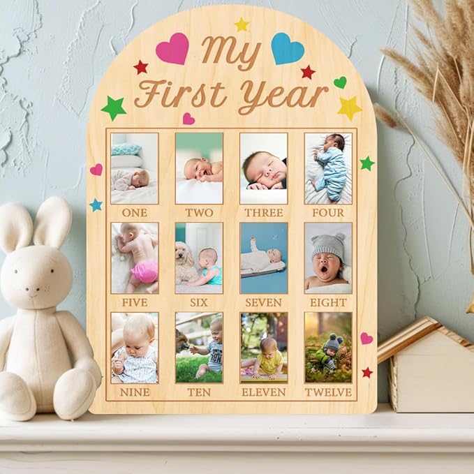 ORIGACH My First Year Baby Growth Photo Display Wood Board - 12 Months Newborn Milestones Photo Board - Neutral Baby Keepsake Frame 1st Birthday Party Nursery Decor New Mom Gift -Colorful Heart Star