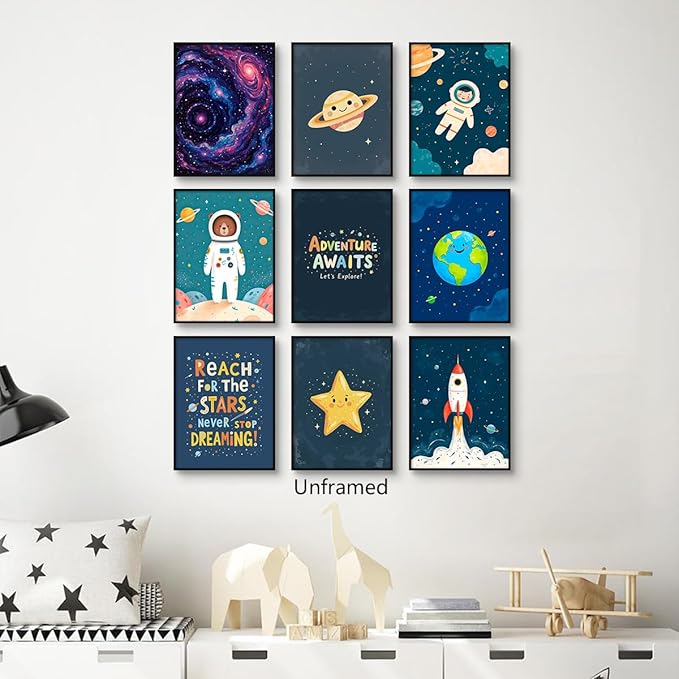 9 Pieces Outer Space Theme Nursery Canvas Wall Art, Charming Bear Astronaut Planets Rocket Poster for Kids Room, Baby Boys Playroom Bedroom Stars Cosmos Picture Print 8x12in Unframed