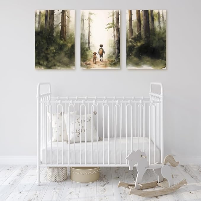 Boy and Dog Nursery Wall Art, Set of 3 Rustic Woodland Nursery Wall Decor, Little Boy and Puppy in the Forest Adventure Kid Wall Art Print, Outdoor Landscape Toddler Room Decor for Boys, Framed 12"x16"x3