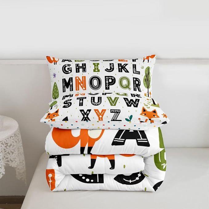 Feelyou Educational Nursery Art Comforter Set Full Size Alphabet Kids ABC Learning Bedding Set for Kids Boys Girls Cute Fox Duvet Quilt Woodland Animals Bedroom Decor 3 Pcs with 2 Pillow Cases
