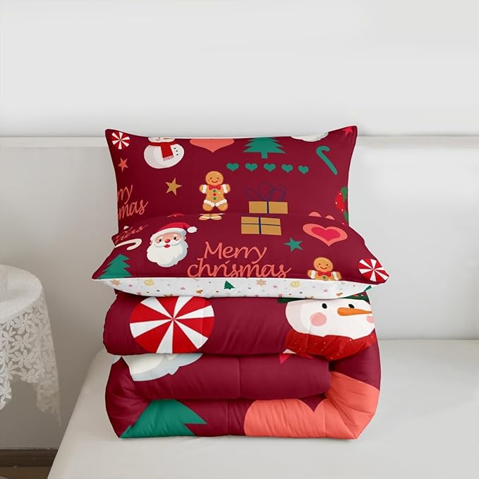 Feelyou Merry Christmas Comforter Set All Season Santa Claus Snowman Bedding Set with 2 Pillow Cases Gingerbread Man Microfiber Kids Full Bedclothes Xmas Tree Deer Bedroom Decor Duvet Quilt Soft