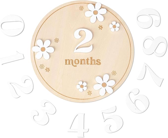Wooden Baby Month Board - Round milestones Sign Set, Natural Grain Texture, laserr Engraved Letters, Eco Friendly Material | Adorable Monthly Wooden plaques for Baby Memory Nursery Decor